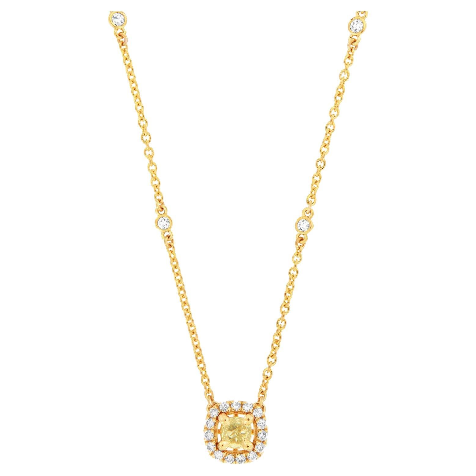 18K Yellow Gold 0.31 Carat Elongated Cushion Diamond Halo Necklace  For Sale