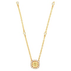 18K Yellow Gold 0.31 Carat Elongated Cushion Diamond Halo Necklace 