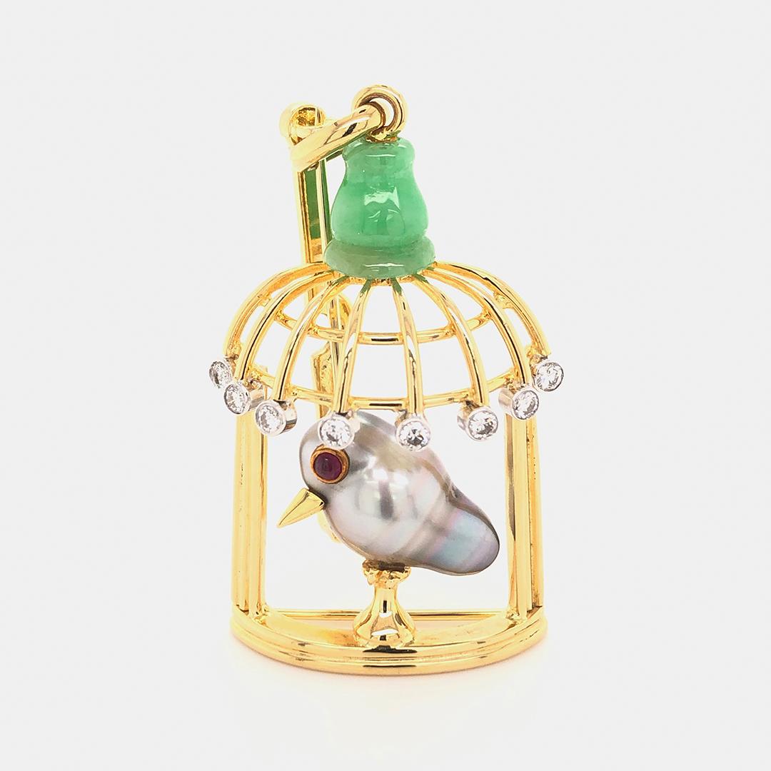 Contemporary 18k Yellow Gold 0.32 ctw Diamond Bird in Cage Brooch For Sale