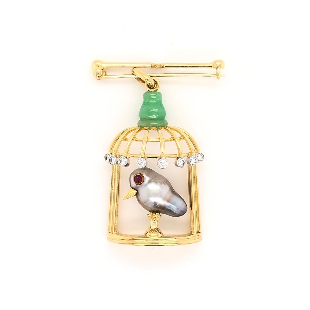 Round Cut 18k Yellow Gold 0.32 ctw Diamond Bird in Cage Brooch For Sale
