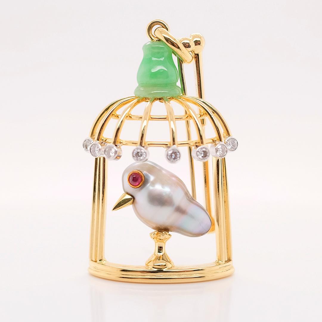18k Yellow Gold 0.32 ctw Diamond Bird in Cage Brooch For Sale 1