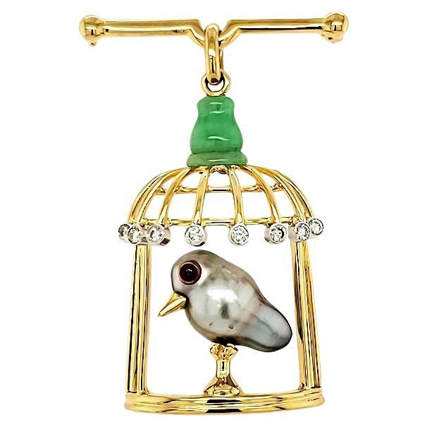 18k Yellow Gold 0.32 ctw Diamond Bird in Cage Brooch For Sale
