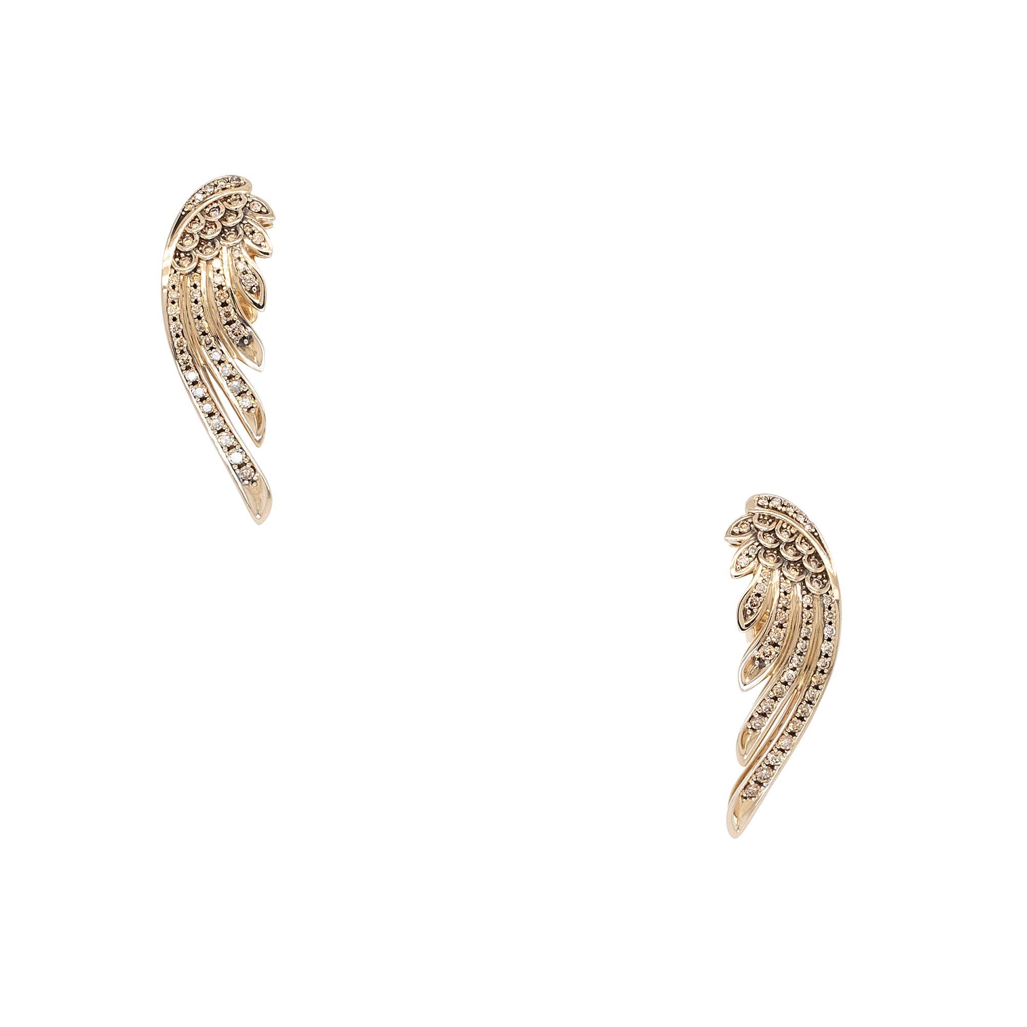 Women's 18k Yellow Gold 0.35ctw Round Brilliant Natural Diamonds Wing Earrings For Sale
