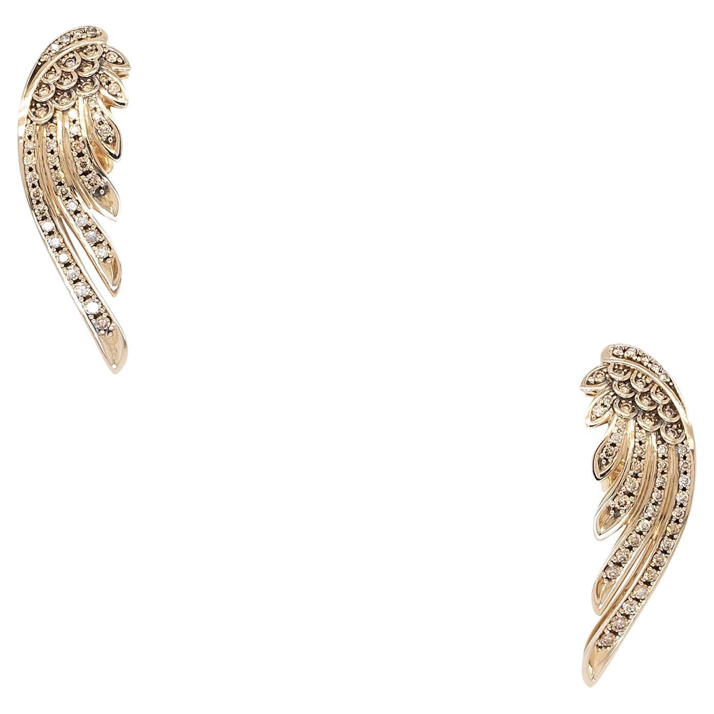 18k Yellow Gold 0.35ctw Round Brilliant Natural Diamonds Wing Earrings For Sale