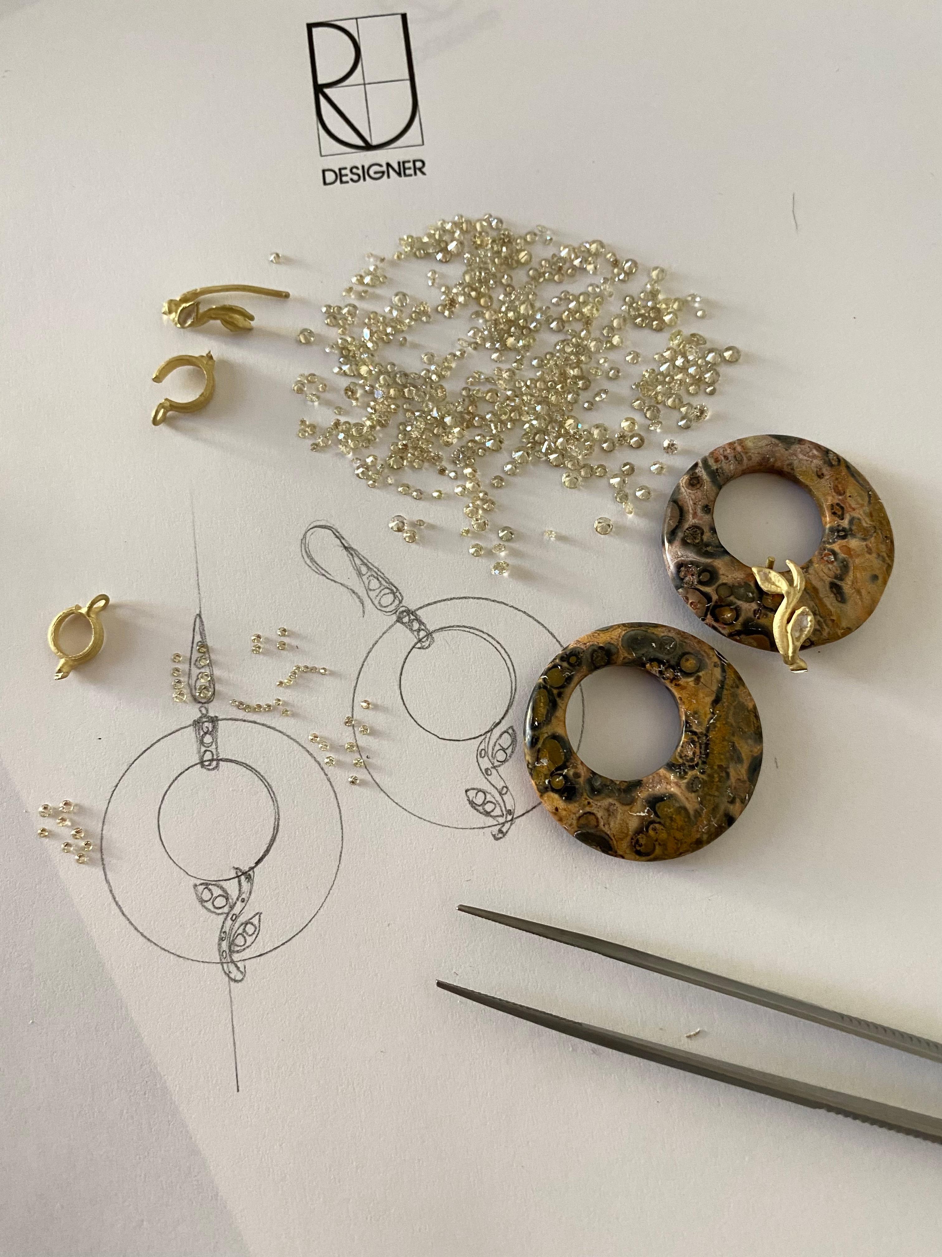 Scattered Leopard Jasper 0.36 Carat Champagne Diamonds 18k Gold Dangle Earrings For Sale 7