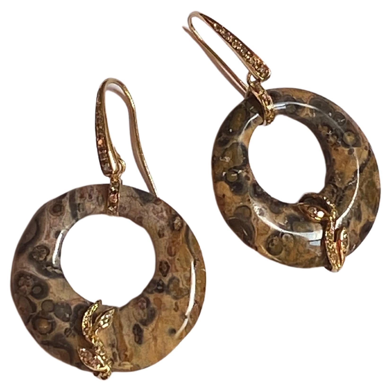 Scattered Leopard Jasper 0.36 Carat Champagne Diamonds 18k Gold Dangle Earrings For Sale