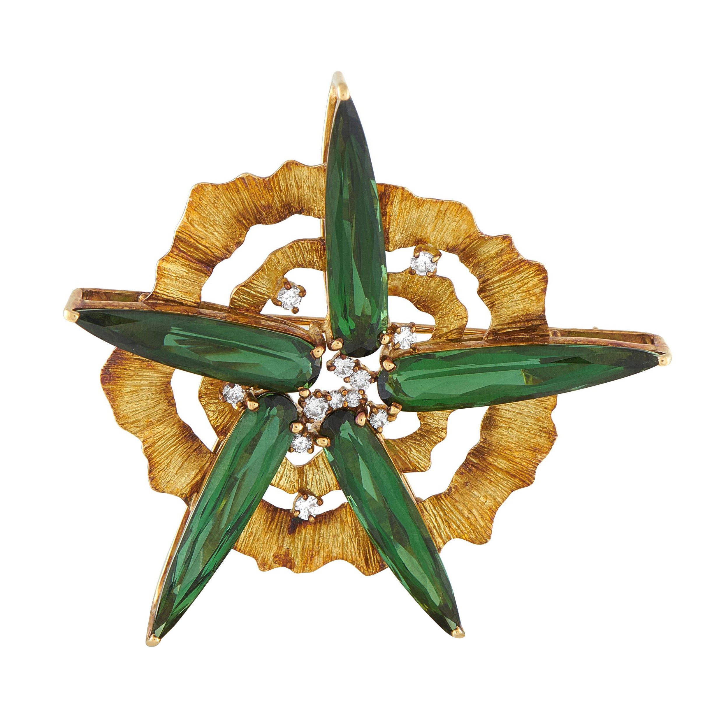 18K Yellow Gold 0.37ct Diamond and Tourmaline Brooch #5288