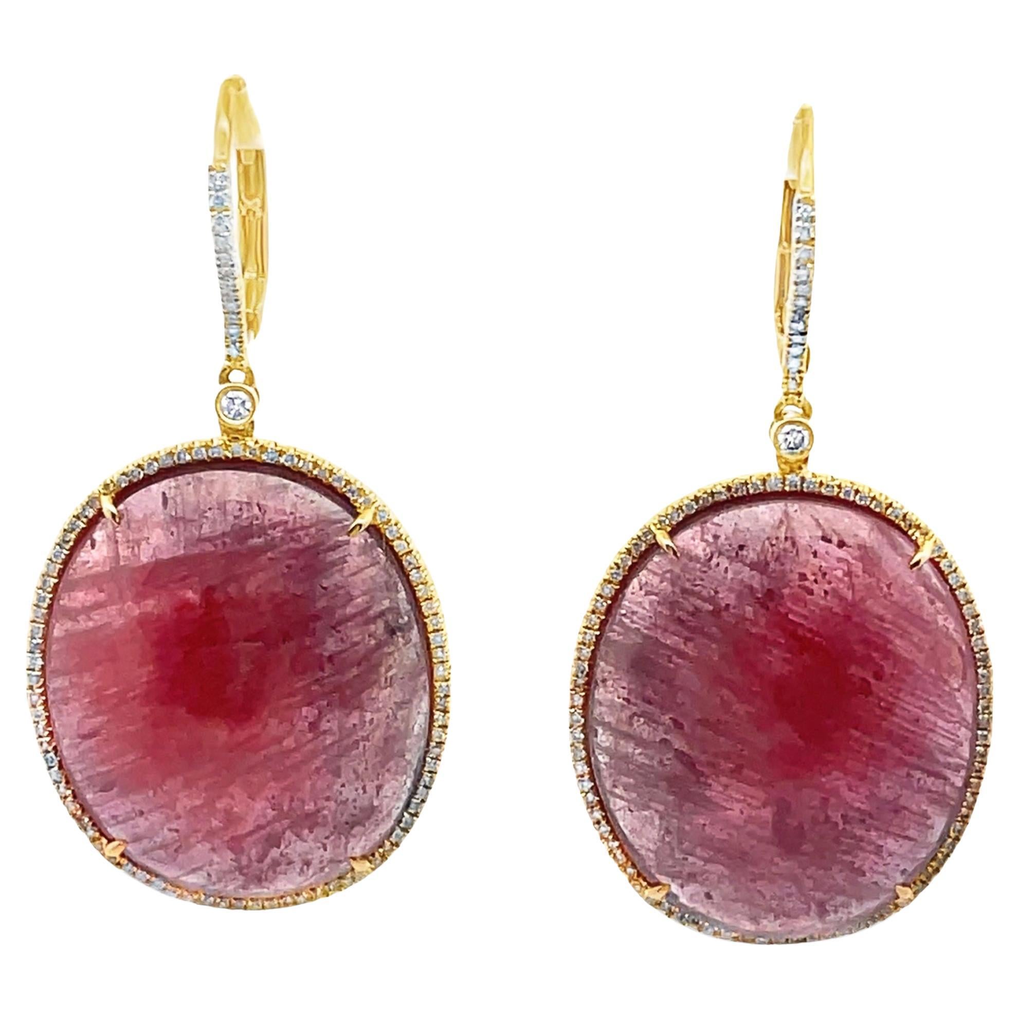 18K Yellow Gold 0.38 Carat Diamond 
57.7 Carat Oval Pink Sapphire Drop Earrings in vendita