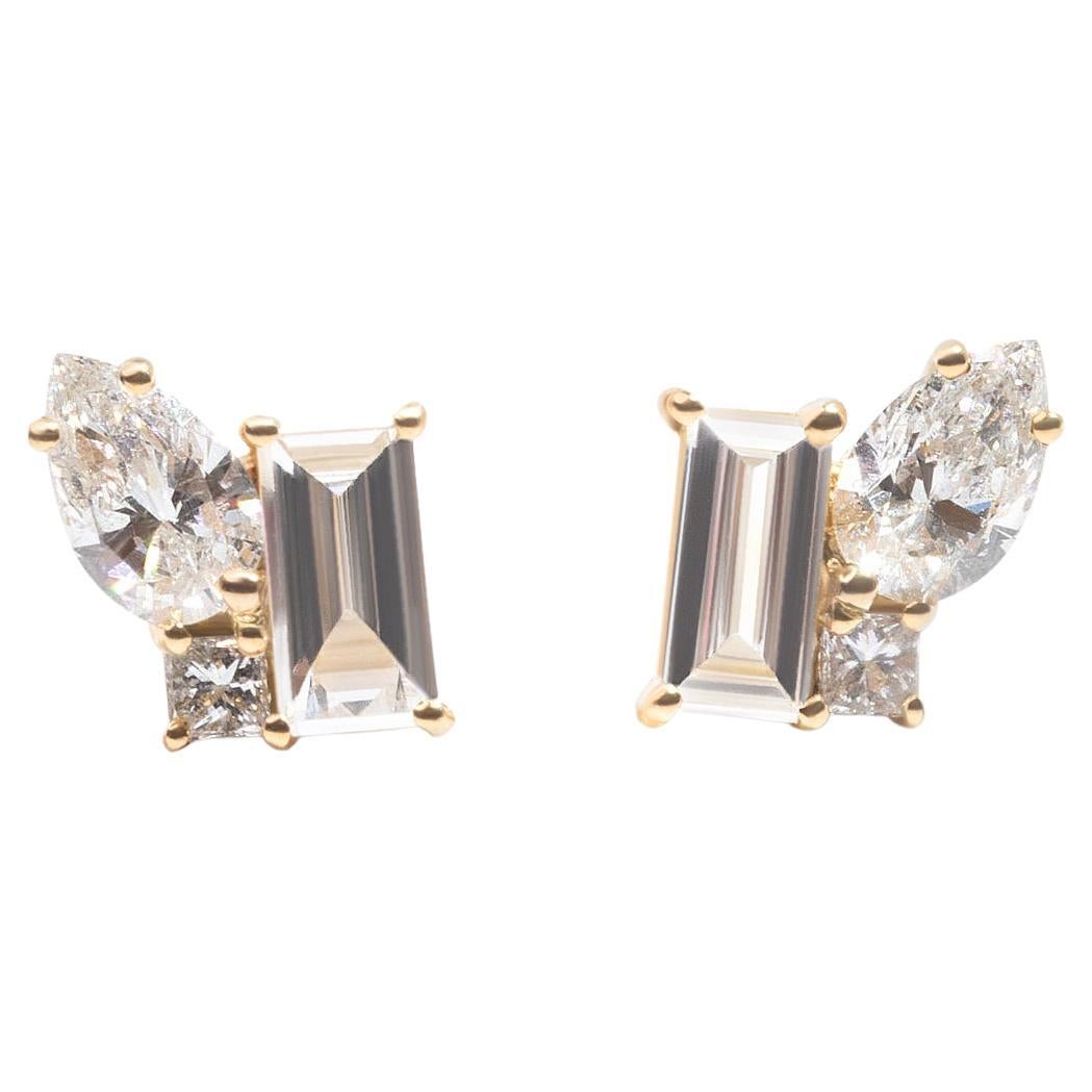 18k Yellow Gold 0.39 Total Carat White Diamond Trellis Stud Earrings For Sale
