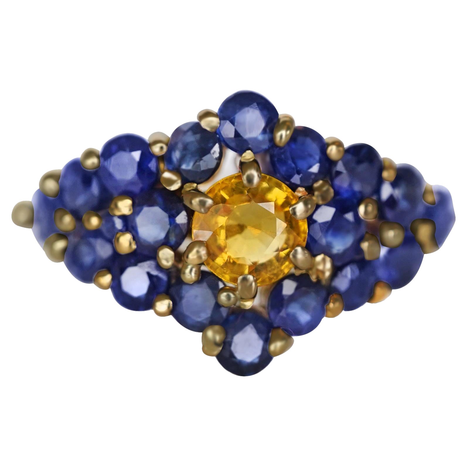 Bague cocktail en or jaune 18 carats avec topaze jaune de 0,40 carat et saphir de 1,5 carat