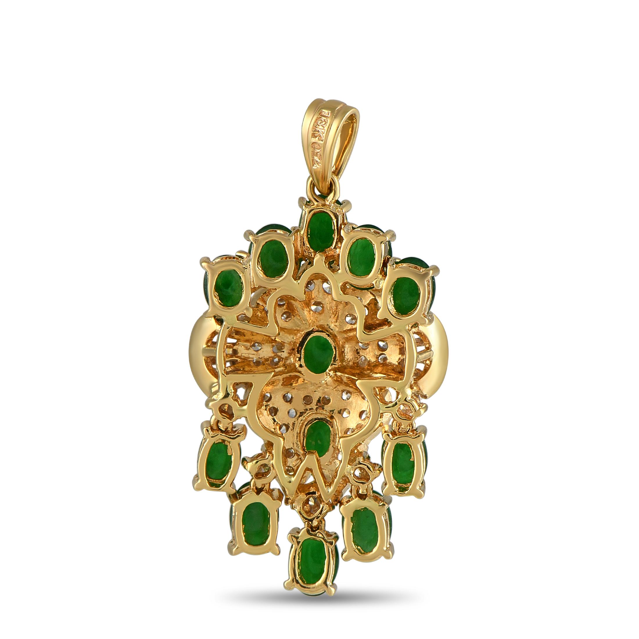 Add elegance to any ensemble with this impeccably crafted pendant. A lustrous 18K Yellow Gold setting beautifully showcases Jade cabochon gemstones and Diamonds totaling 0.40 carats. This opulent piece measures 1.32 long by 0.75 wide.This jewelry