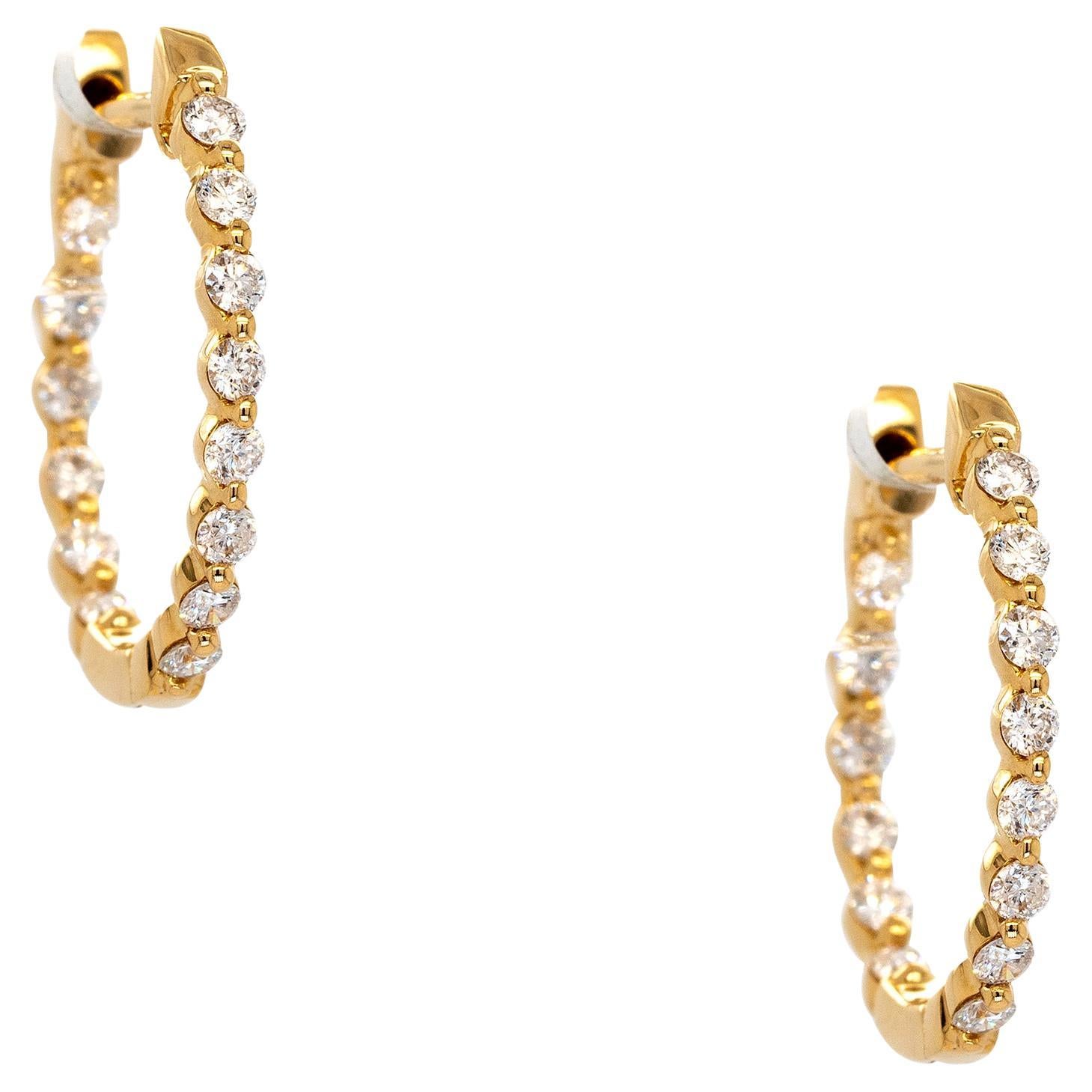 18k Yellow Gold 0.42ct Diamond Inside Out Hoop Earrings For Sale