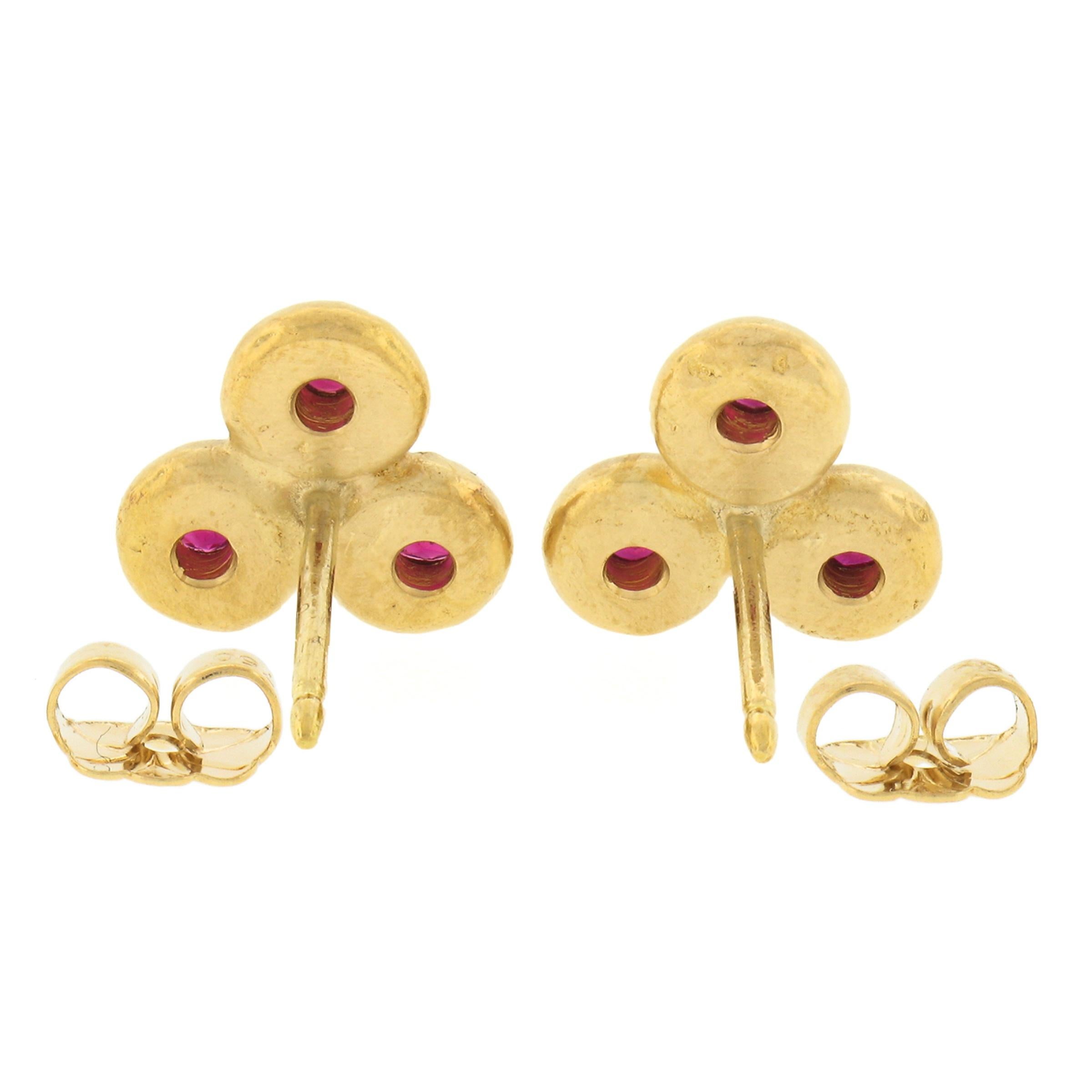 Round Cut 18k Yellow Gold 0.42ctw 3 Bezel Set Round Brilliant Ruby Cluster Stud Earrings
