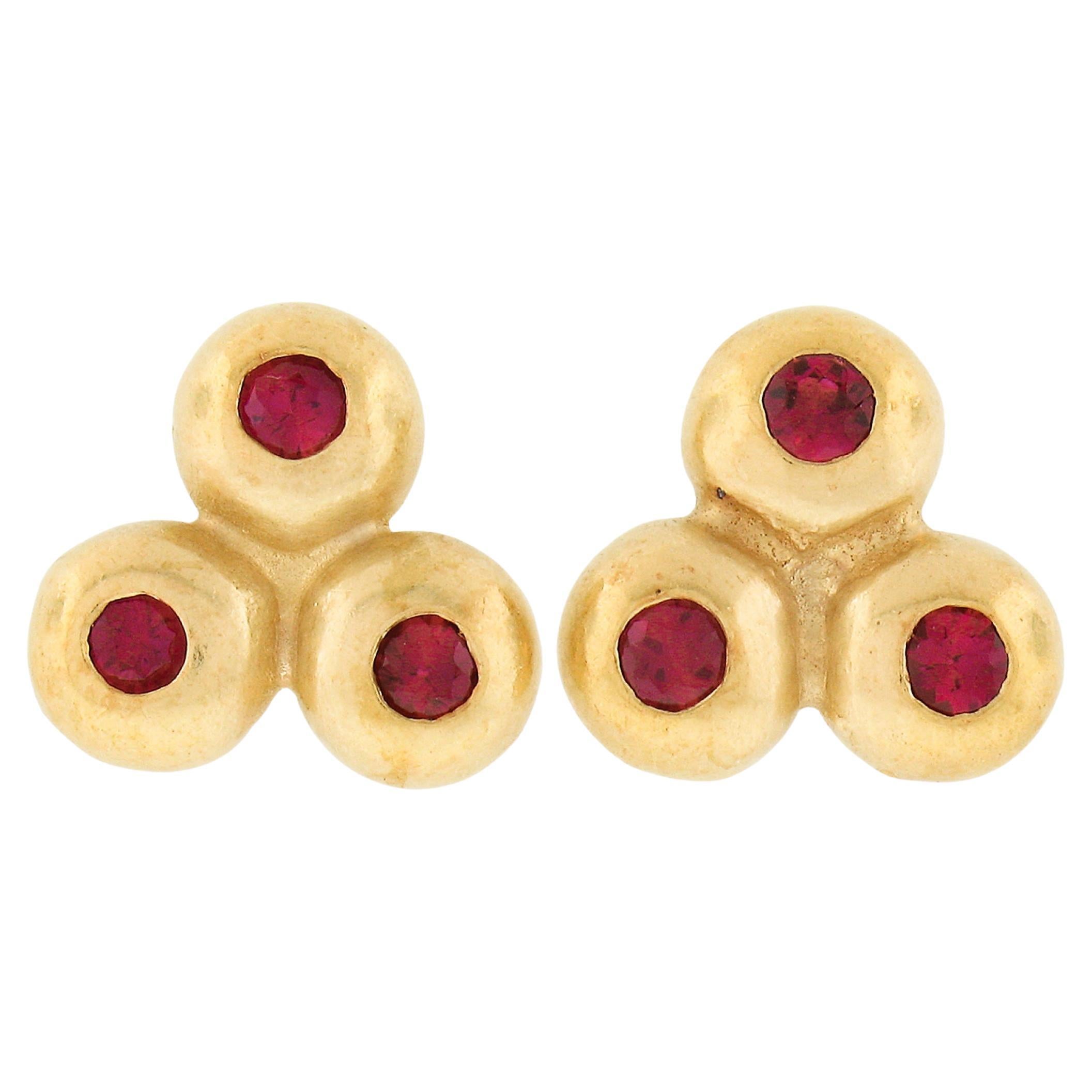 18k Yellow Gold 0.42ctw 3 Bezel Set Round Brilliant Ruby Cluster Stud Earrings