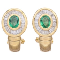 18k Yellow Gold 0.42tcw Emerald and Diamond Halo Omega Back Earrings