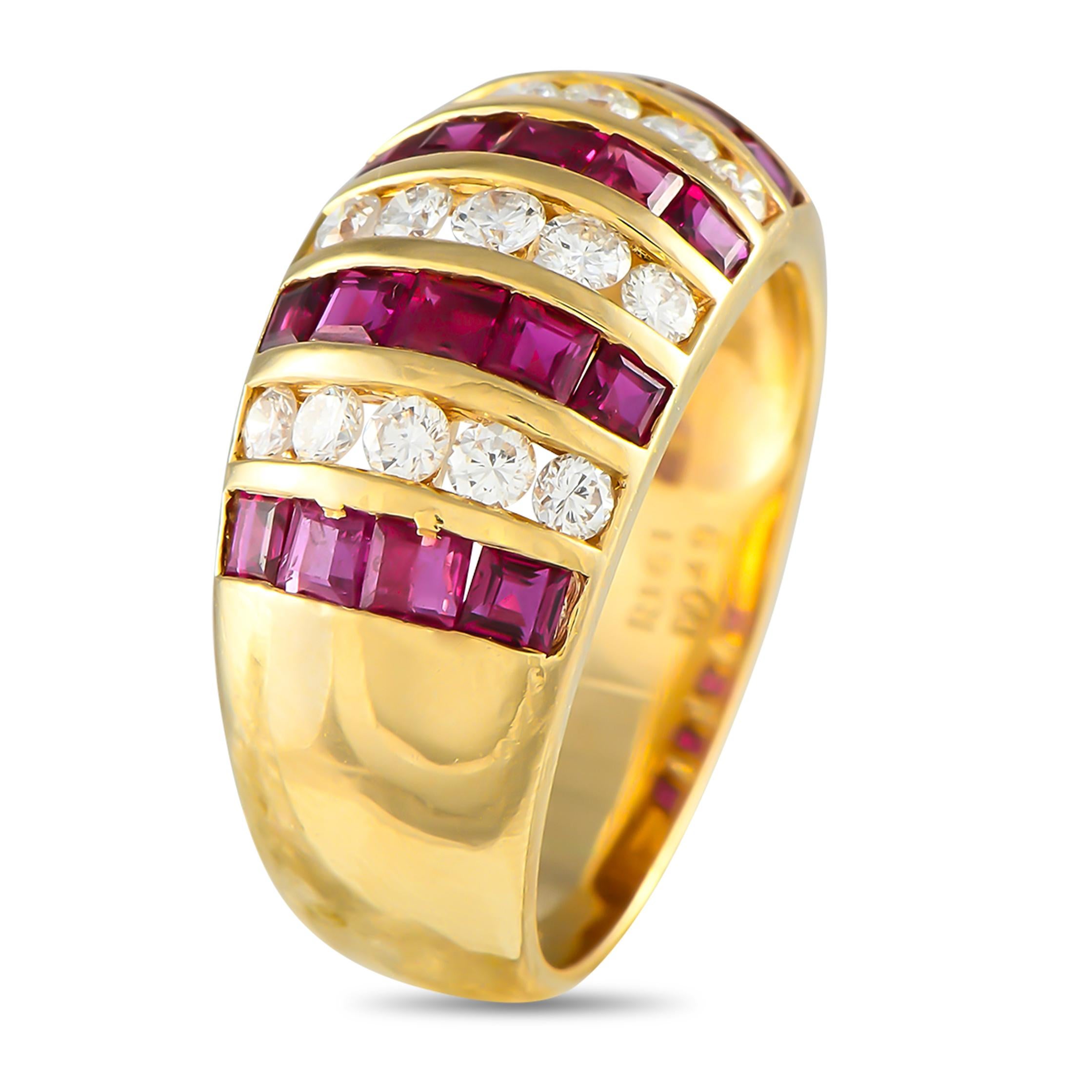 This breathtaking ring will instantly add color and sparkle to any ensemble. At the top of the design, Ruby gemstones totaling 1.61 carats alternate with sparkling Diamonds totaling 0.49 carats. The domed 18K Yellow Gold setting features a 5mm wide