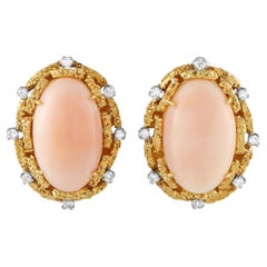 18K Yellow Gold 0.50ct Diamond Coral Cabochon Earrings MF29-062526