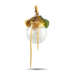 18K Yellow Gold 0.50ct Fancy Diamond, Nephrite Jade, and Baroque Pearl Brooch