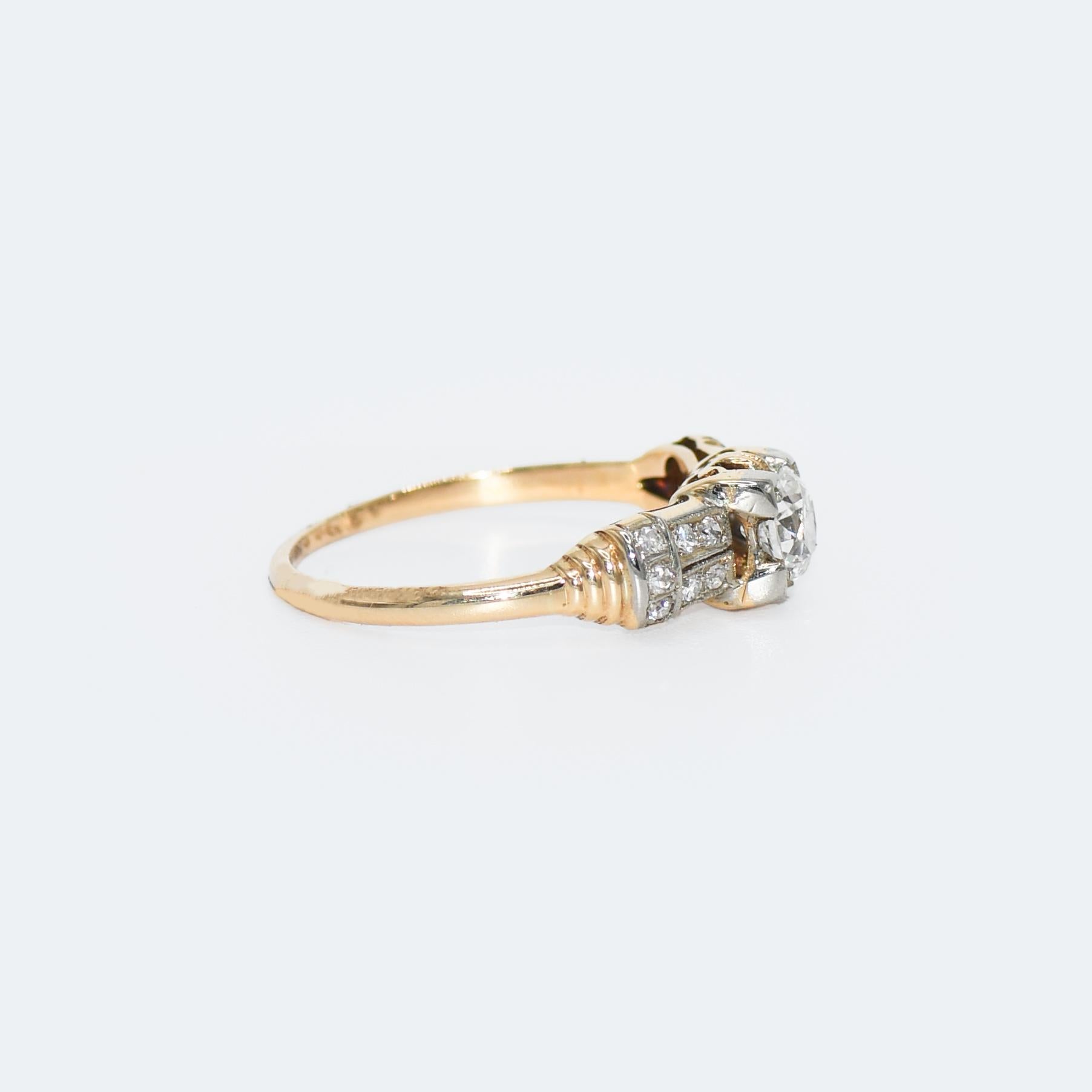 Old Mine Cut 18k Yellow Gold 0.54ct Diamond Art Deco Engagement Ring, Size 6.5 For Sale