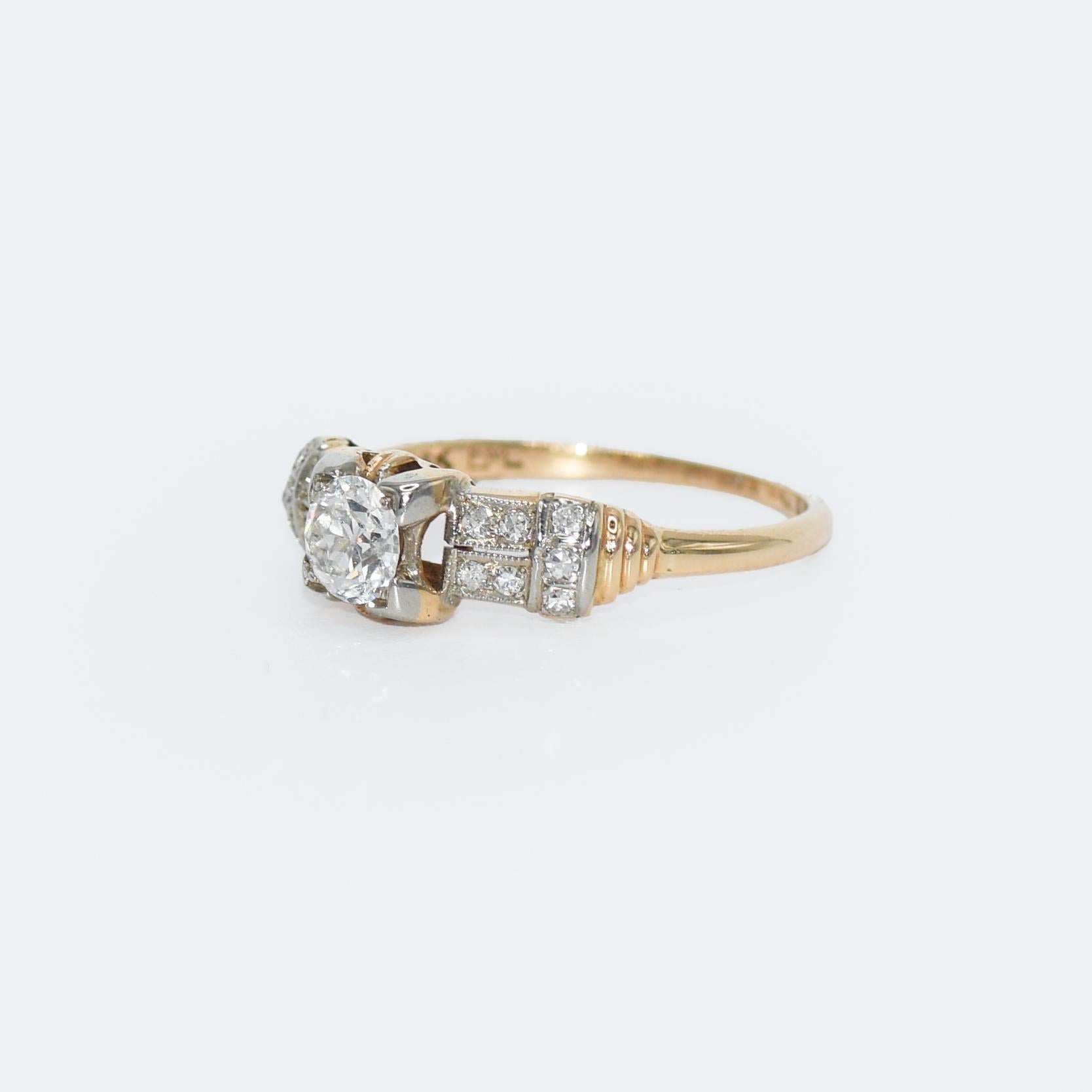 18k Yellow Gold 0.54ct Diamond Art Deco Engagement Ring, Size 6.5 For Sale 1