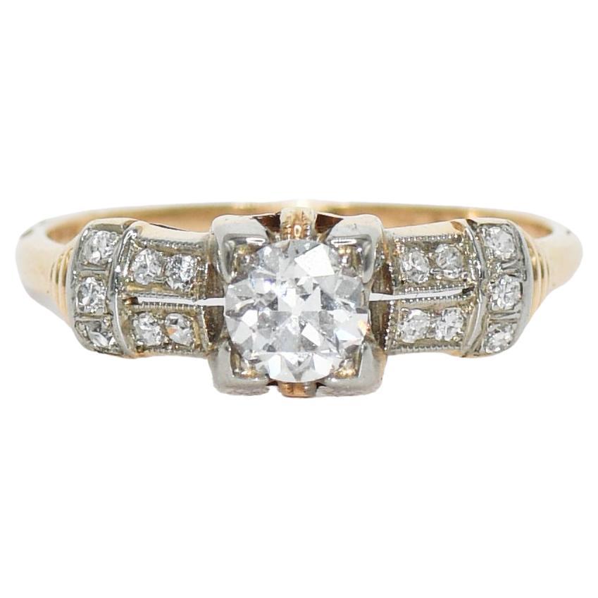 18k Yellow Gold 0.54ct Diamond Art Deco Engagement Ring, Size 6.5 For Sale