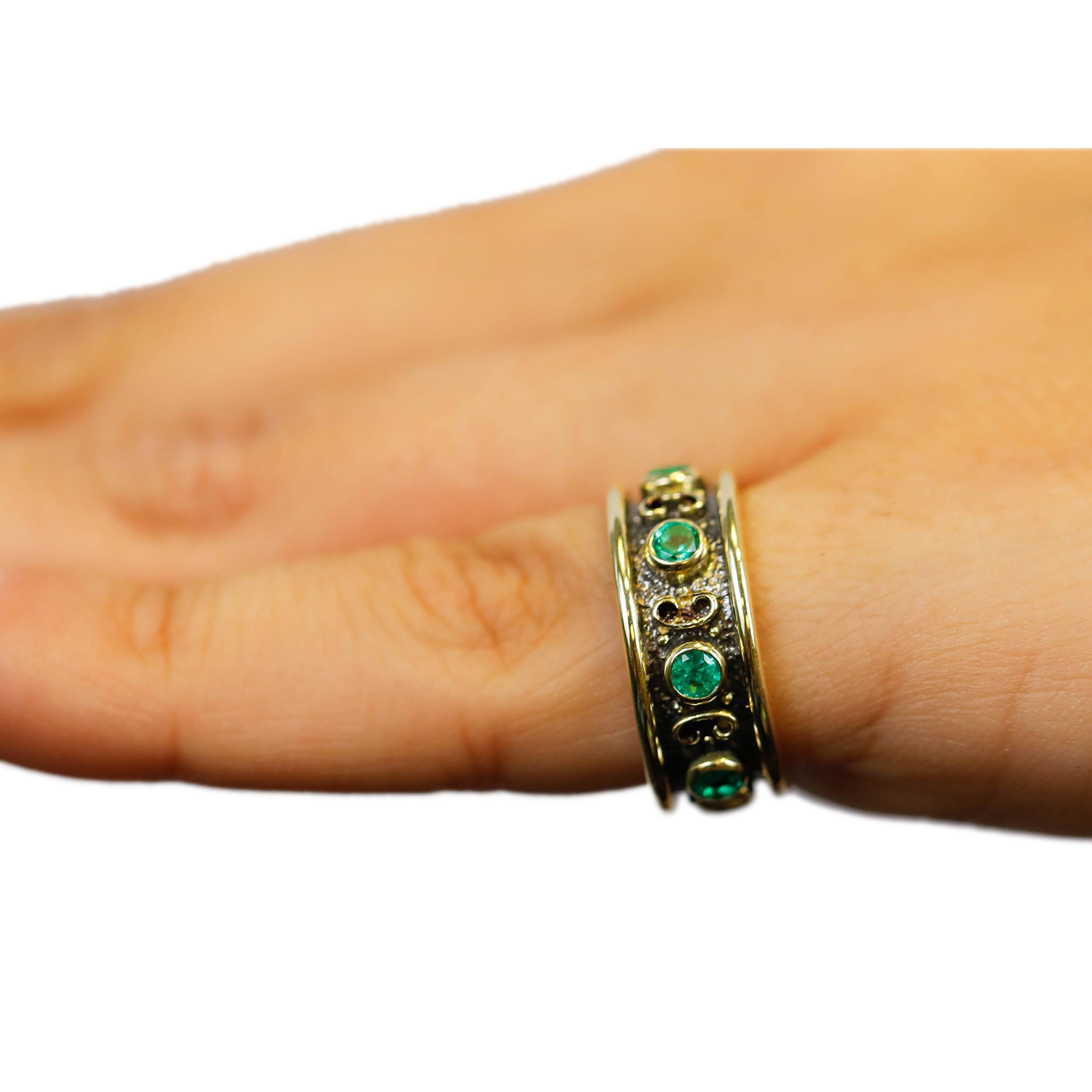 Women's 18 Karat Yellow Gold 0.55 Carat Round Cut Emerald Full Band Ring US Size 8 For Sale