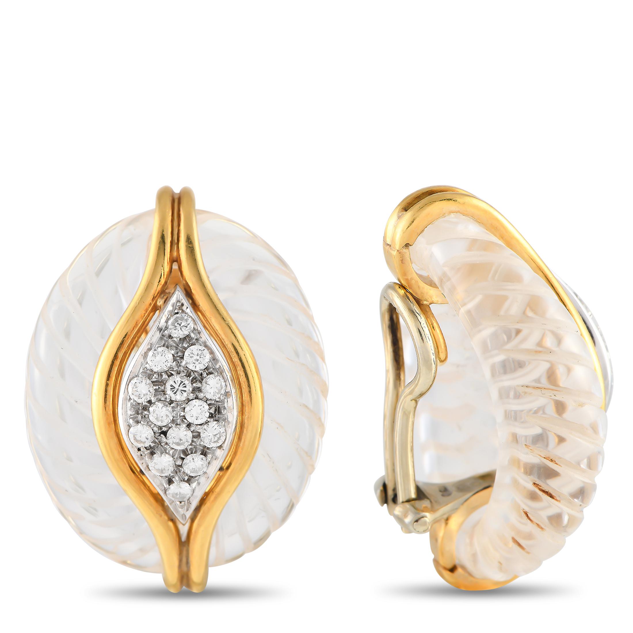 These impeccably crafted earrings exude old fashioned elegance. Intricate Carved Crystal adds dimension to the entire design, while sparkling Diamonds with a total weight of 0.60 carats are beautifully highlighted by an 18K Yellow Gold accent at the
