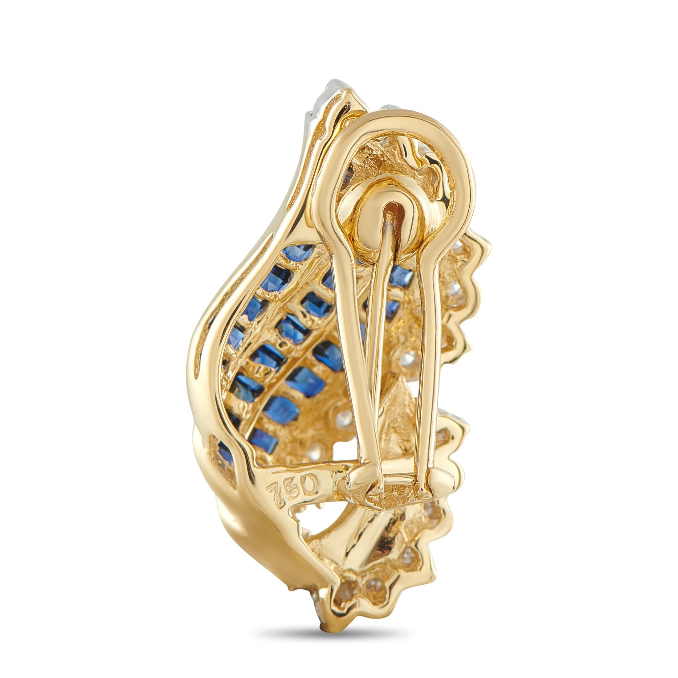 A dramatic wing-shaped design makes these earrings incredibly dynamic in design. The evocative 18K Yellow Gold settings shine to life thanks to Sapphire gemstones totaling 3.20 carats. Sparkling Diamond accents with a total weight of 0.60 carats