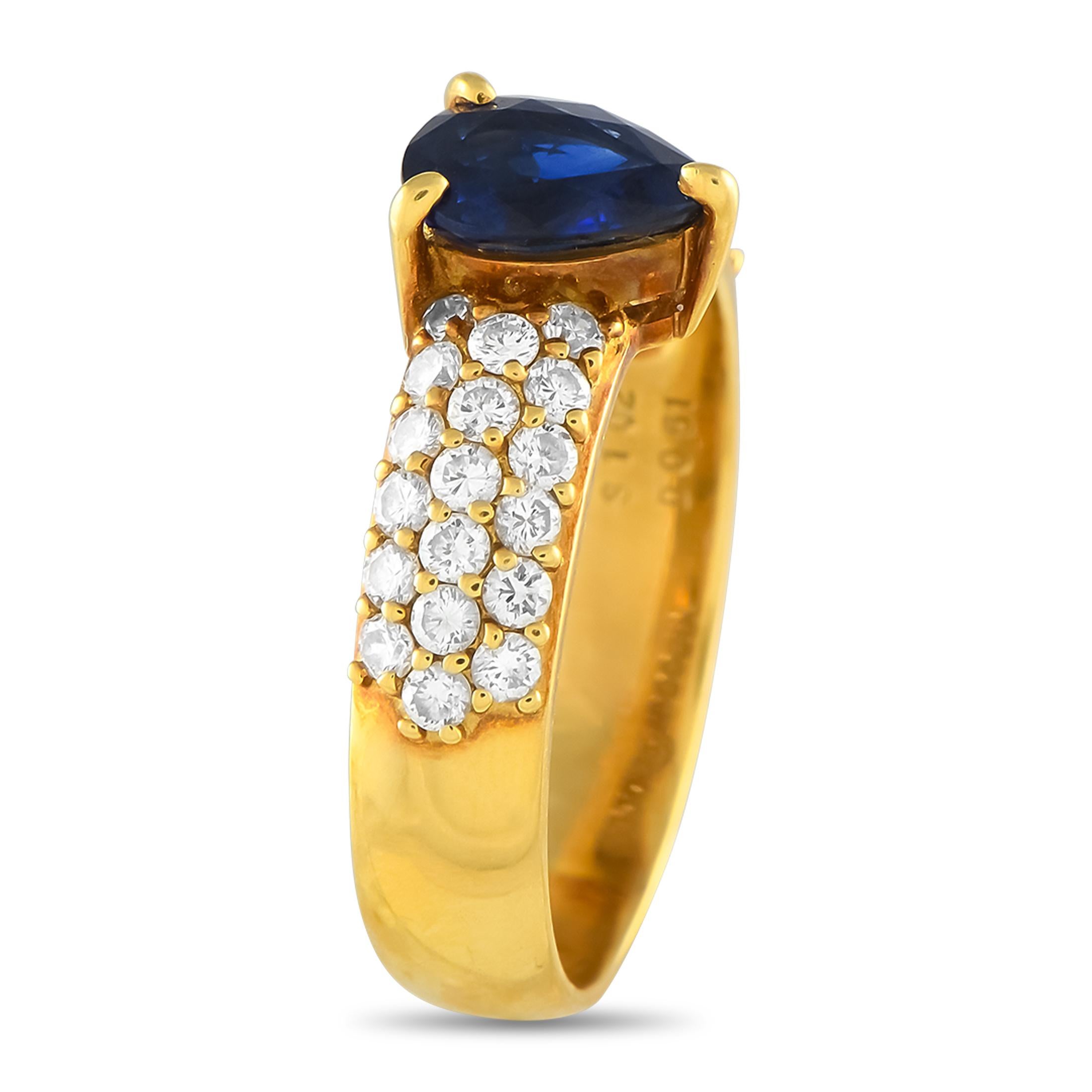 A chic, understated design makes this luxury ring idea for everyday wear. A 1.02 carat pear-shaped Sapphire center stone adds a captivating pop of color, while sparkling Diamonds totaling 0.61 carats add effortless elegance. Made with a sleek 18K