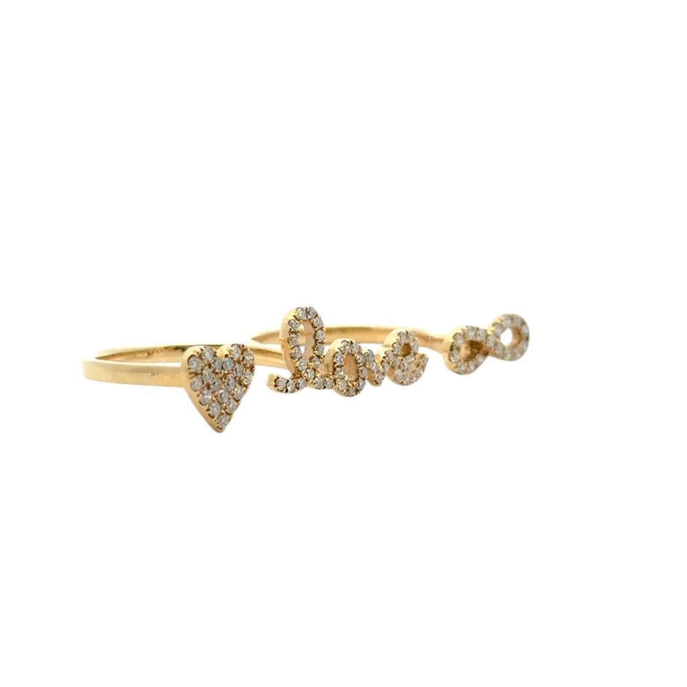 Round Cut 18k Yellow Gold 0.62ctw Diamond Heart Love and Infinity Double Finger Ring For Sale