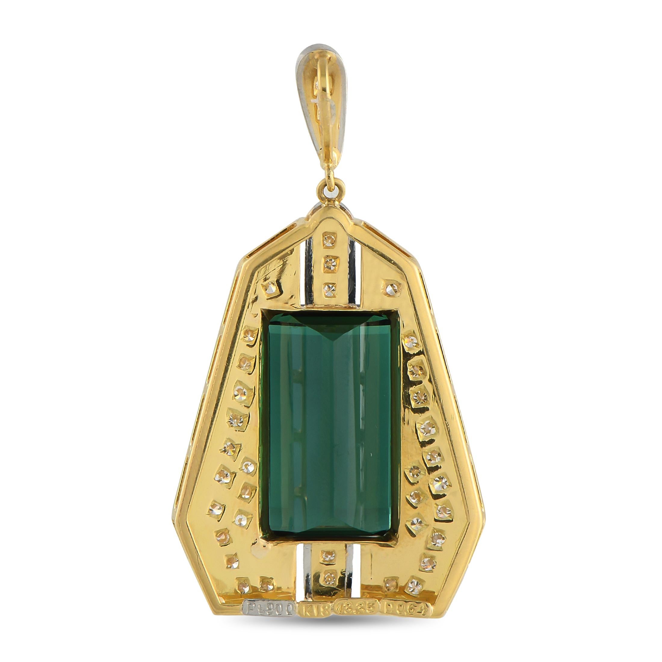 This pendant will instantly elevate any ensemble. A textured 18K Yellow Gold setting provides the perfect backdrop for inset Diamonds totaling 0.64 carats. At the center, a breathtaking 13.35 carat green Tourmaline stone adds a stylish pop of color.