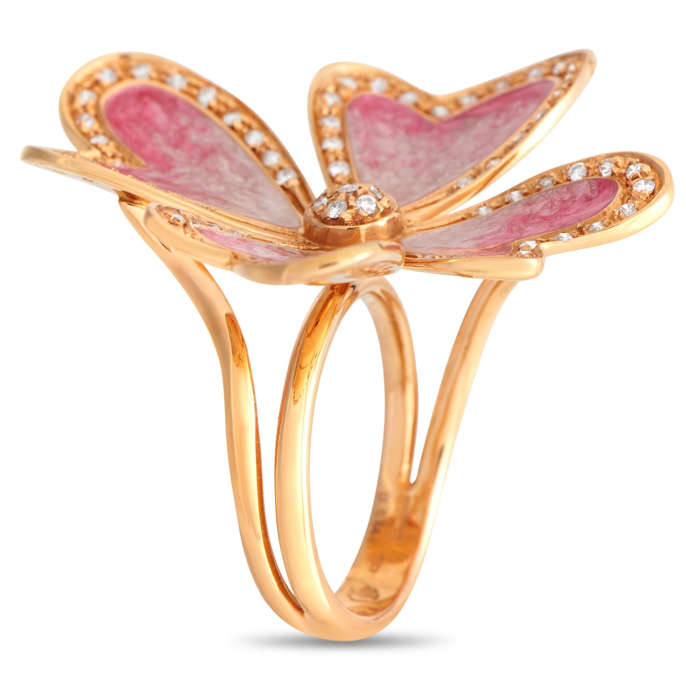 Inspired by the beauty of nature, this enameled jewel captivates with its charming aura and graceful demeanor. The ring features a unique split band that supports a four-petal blossom boasting enameled heart-shaped petals with diamond embellishment