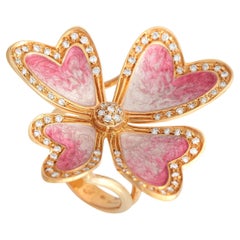 18K Yellow Gold 0.64ct Diamond Enameled Flower Ring