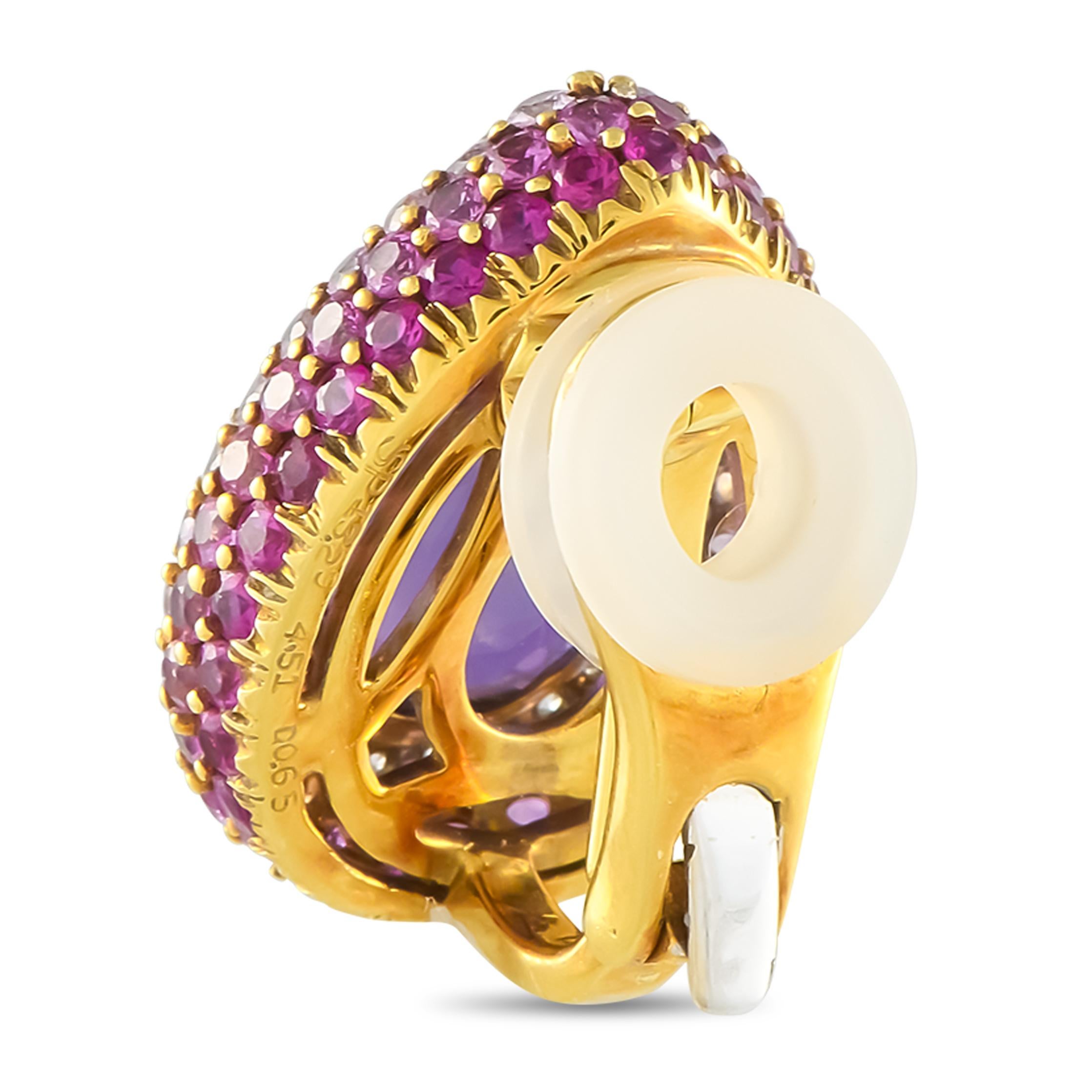 These opulent earrings are undeniably breathtaking. At the center of the 18K Yellow Gold pear-shaped setting, Amethyst gemstones totaling 12.0 carats make a stunning statement. Theyre surrounded by a halo of Diamonds with a total weight of 0.65