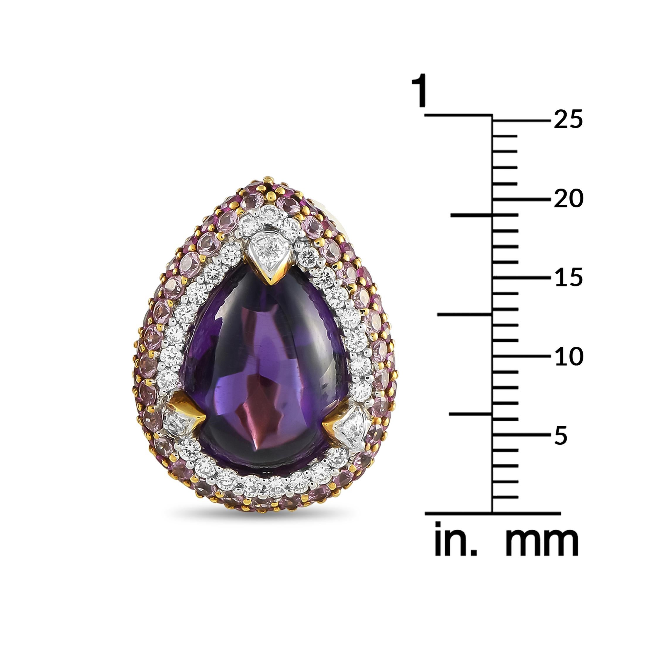 Round Cut 18K Yellow Gold 0.65ct Diamond, Sapphire, and Amethyst Earrings For Sale
