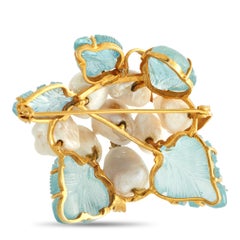 18K Yellow Gold 0.68ct Diamond and Aquamarine and Pearl Brooch