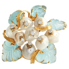 18K Yellow Gold 0.68ct Diamond and Aquamarine and Pearl Brooch
