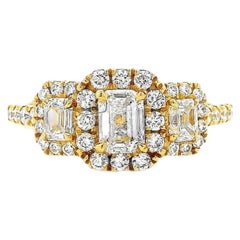 18k Yellow Gold 0.68ct Three-Stone Emerald Cut Surrounded by 0.56ct Diamond Ring