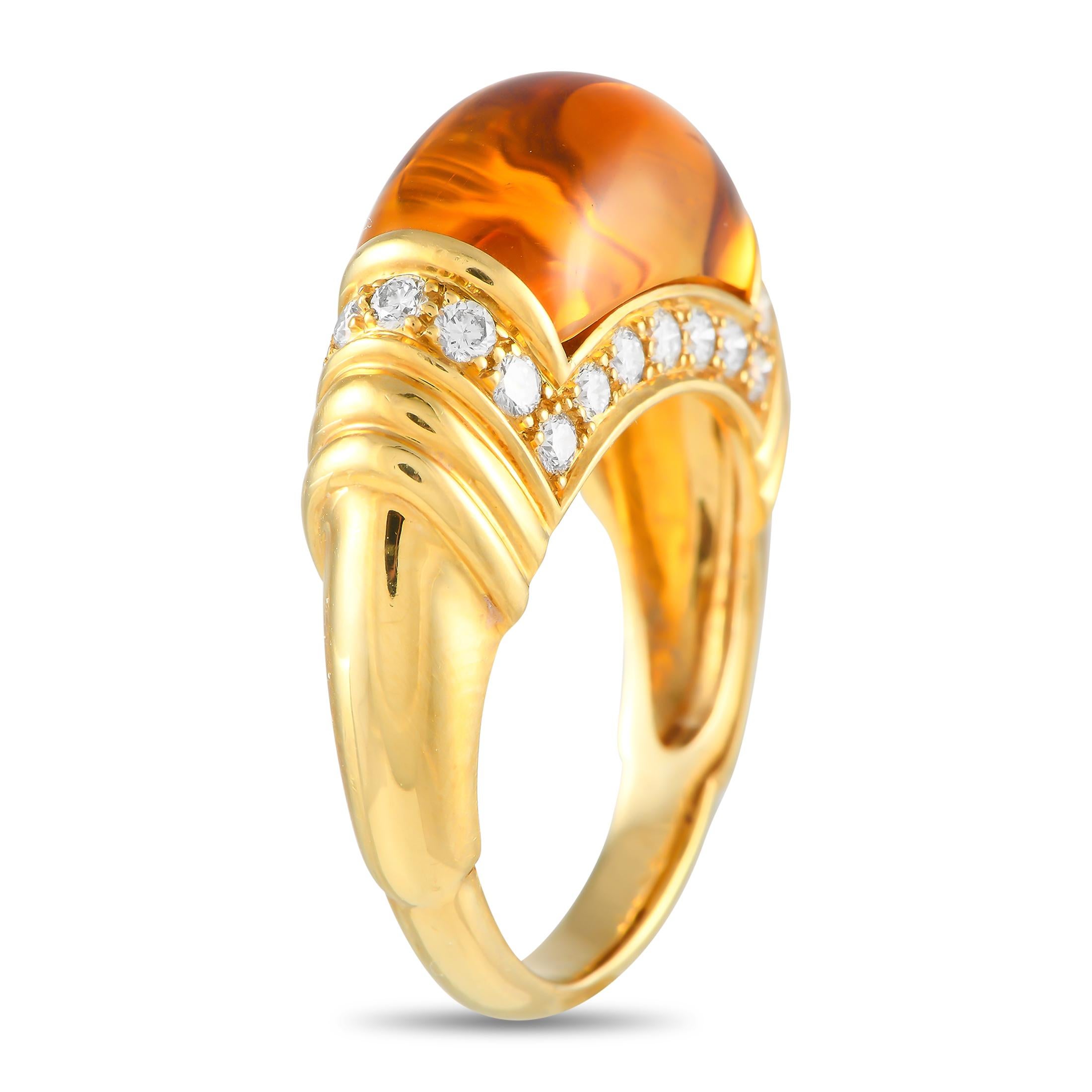 Gracefully curved edges make this luxury ring a unique accessory that will instantly add a pop of color to any ensemble. On this piece, a rounded Citrine center stone is surrounded by inset Diamond accents totaling 0.70 carats. Crafted from opulent
