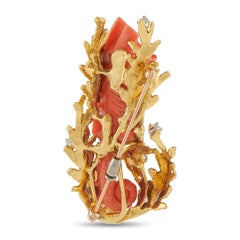 18K Yellow Gold 0.70ct Diamond and Coral Seahorse Brooch MF05-070926