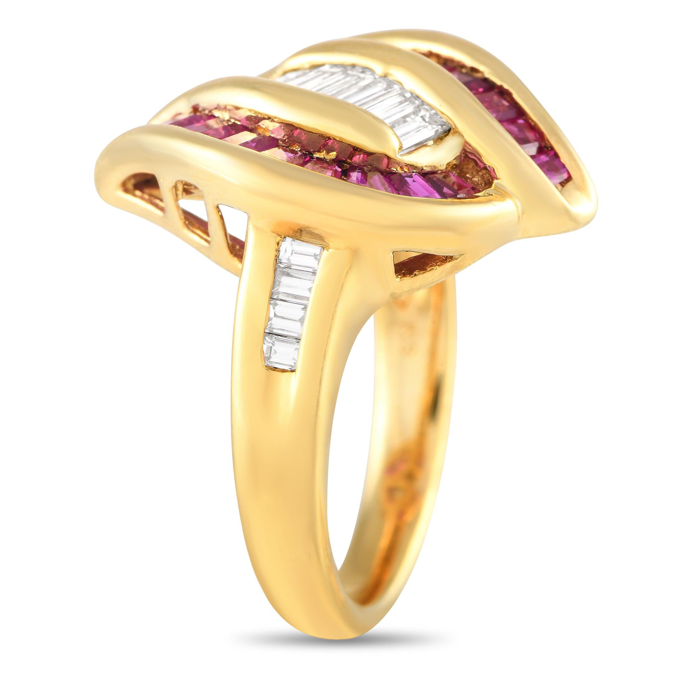 Make a bold statement of sophistication with this diamond and ruby ring. It features an 18K yellow-gold band with shoulders detailed with channel-set baguette diamonds. The curvy centerpiece is decorated with double waves of rubies on a channel