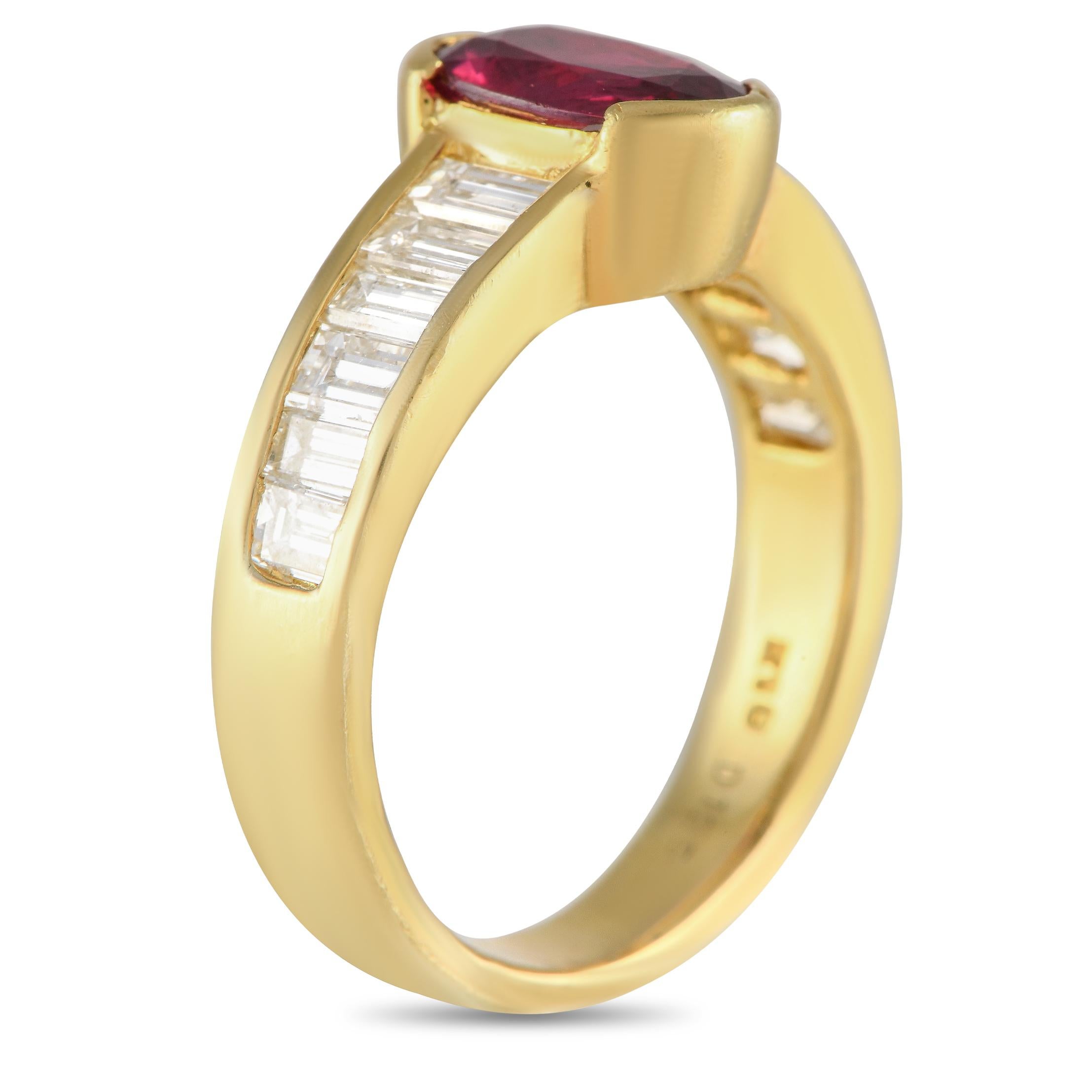 Opulence meets minimalism. This 18K yellow gold ring features an eye-catching oval-cut ruby on a half-bezel setting, flanked by channel-set step-cut diamonds that gracefully graduate in size. This fine piece of jewelry is suitable for someone who
