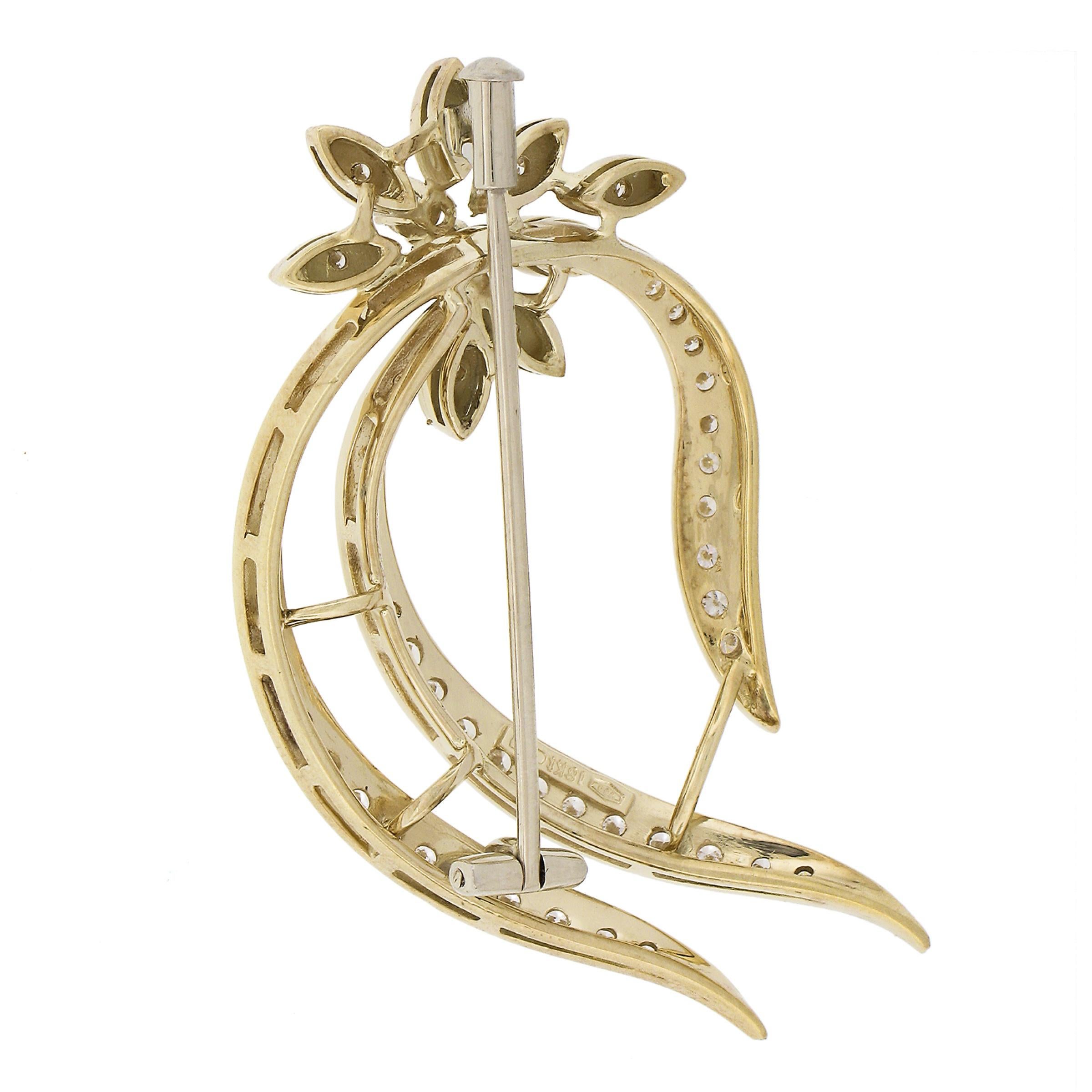 Round Cut 18k Yellow Gold 0.70ctw Round Brilliant Cut Diamond Open Work Floral Pin Brooch For Sale