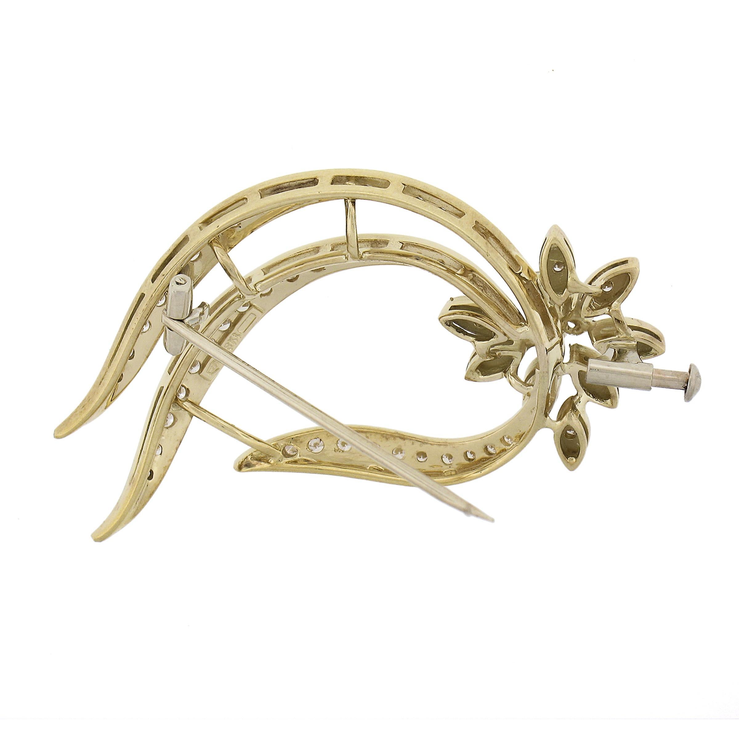 18k Yellow Gold 0.70ctw Round Brilliant Cut Diamond Open Work Floral Pin Brooch In Excellent Condition For Sale In Montclair, NJ