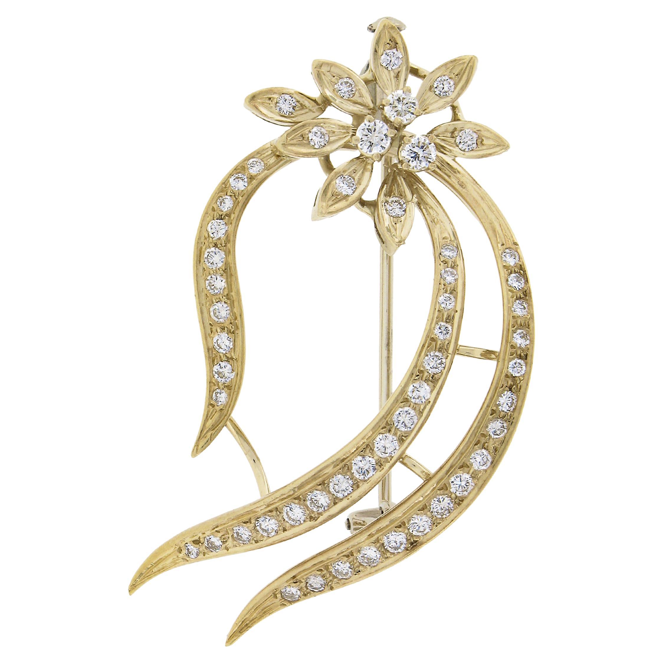 18k Yellow Gold 0.70ctw Round Brilliant Cut Diamond Open Work Floral Pin Brooch For Sale