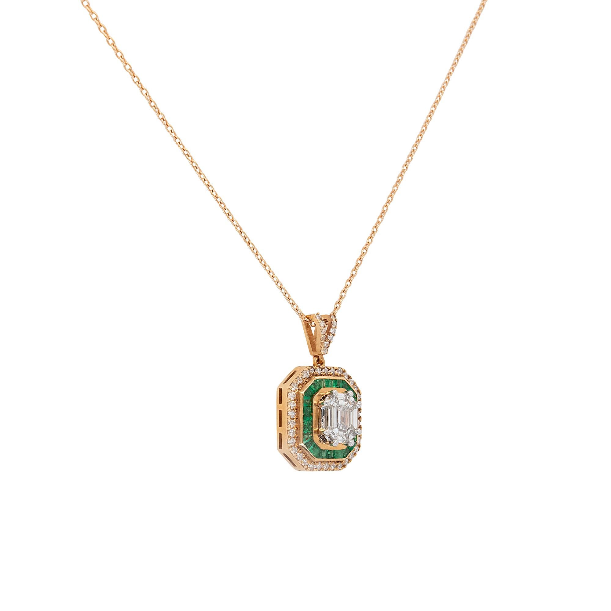 Pendant Details: 
Approx Natural Diamond : 0.71ctw
Approx Emerald: 0.55ctw
12mm x 20mm x 6mm
Chain Details: 18k Yellow Gold Chain
Chain Size: 16