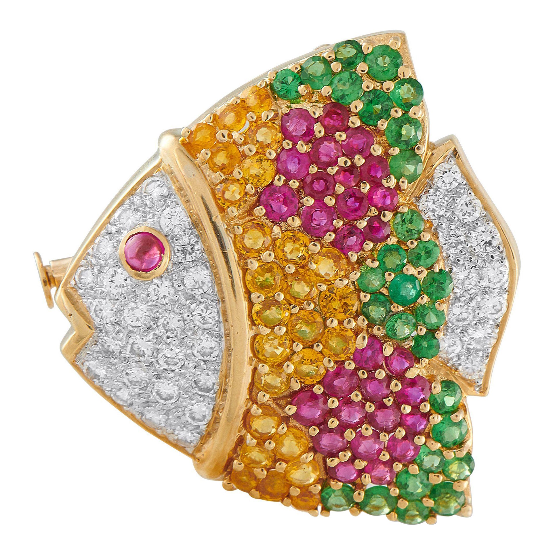 Spilla a forma di pesce in oro giallo 18 carati 0,74 carati con diamante, zaffiro e rubino MF11-071825