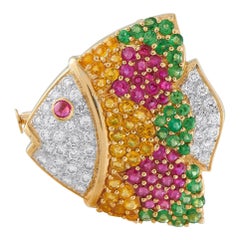 18K Yellow Gold 0.74ct Diamond Tsavorite Ruby Sapphire Fish Brooch MF11-071825