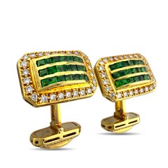Gemelli in oro giallo 18 carati con diamante e smeraldo da 0,75 carati
