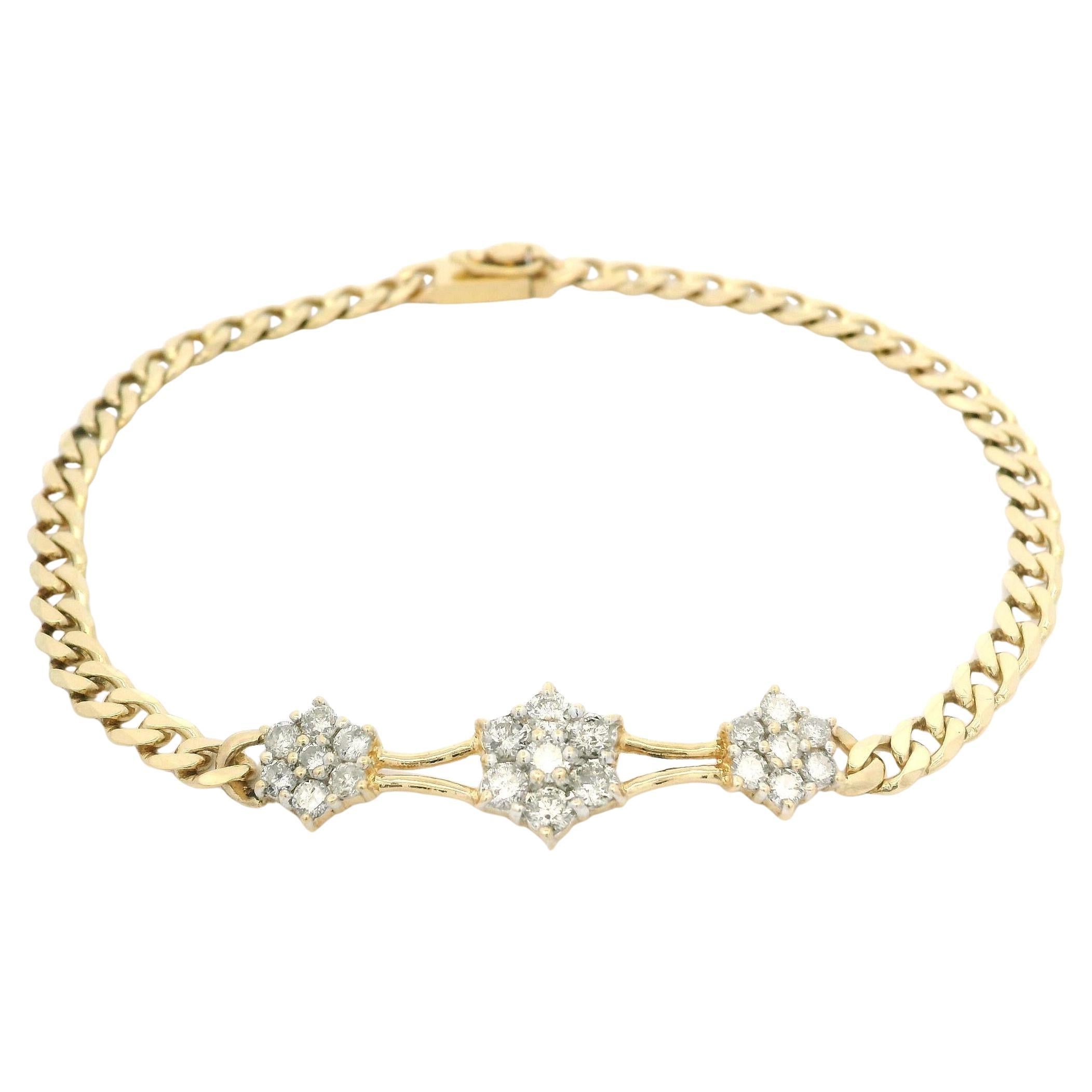 18k Yellow Gold 0.75ctw Diamond 3 Cluster Center Curb Link Bracelet